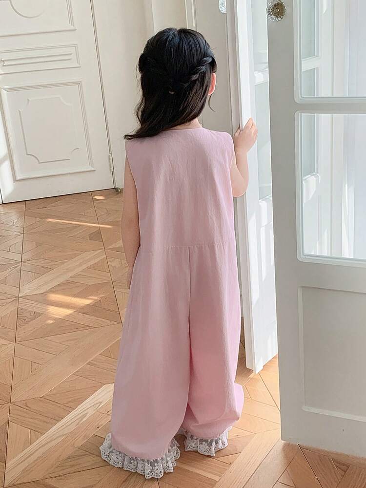 Young Girl Bow Decor Button Half-Placket Sleeveless Wide Leg Loose Jumpsuit Summer