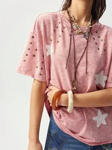 Bohemela 波西米亚风春夏休闲粉色针织圆领短袖宽松水洗女式T恤，刺绣贴花和亮片设计，情人节、返校季、嘉年华服装 - 粉色 - 查看 5