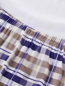 Tween Boy Letter Print Crew Neck Short Sleeve Top And Plaid Pants Pajama Set - Navy Blue - View 7