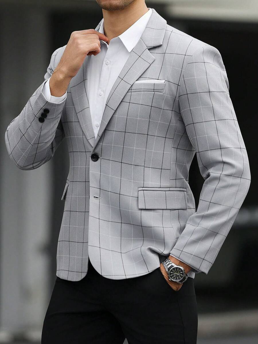 Manfinity Mode Men's Business Commute Plaid Suit Jacket - Grey - View 1