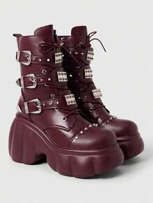 ROMWE Grunge Punk 2026秋冬新款时尚朋克风酒红色PU圆头铆钉系带厚底哥特金属机车靴，适合娇小女性增高 - 酒紅色 - 查看 2