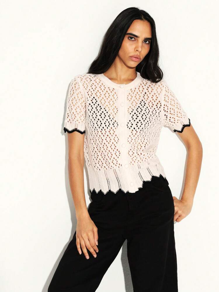 KSTM Contrast Trim Short Sleeve Open Front Knit Cardigan With Scalloped Hem And Black Accents Lightweight Spring Summer Layering