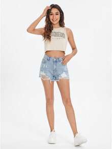 Rivivi 女士休闲做旧口袋纽扣毛边牛仔短裤，日常百搭 - 藍色 - 查看 4