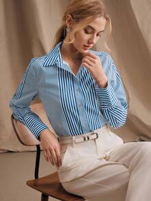 Anewsta Women's Elegant Shirt, Minimalist Commuter Long Sleeve Striped Collared Blouse Blue And White Shirt Stripe Shirt Blue Striped Shirt - Blue - View 5