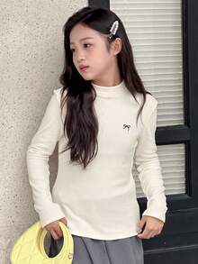 DAZY Tween Girls Crew Neck Knit Thermal Lined Bow Print T-Shirt, Autumn Long Sleeve Tops Women - Beige - View 3