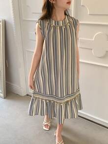 DAZY 女童条纹无袖圆领连衣裙，秋季穿搭 - 藍色 - 查看 7