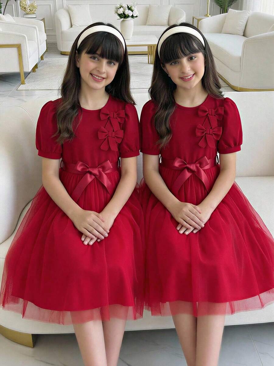 Girls' Elegant Bowknot Decor Dress With Belt, Summer - Red - View 1