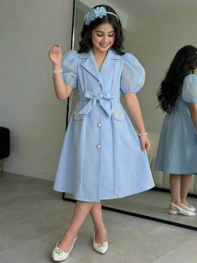 SHEIN Tween Girl Spring/Summer Collared Button-Up Long Cardigan Dress With Pearl Decor Sash