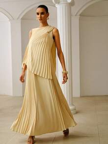 ZEYLAH Elegant Long Fitted Pleated Sleeveless Dress, Spring/Summer - Light Yellow - View 7