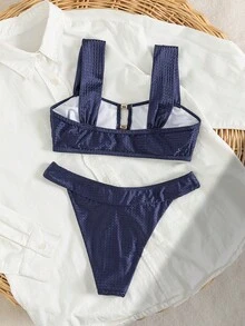 Swim Chiccia Ensemble de maillot de bain élégant et digne de la dernière mode pour femmes, avec décoration métallique, pantalon minimaliste sexy à larges bretelles ajourées, convenant pour les vacances à la plage au printemps, en été et en automne. Ensemble de maillot de bain deux pièces pour femmes, bikinis deux pièces pour femmes - Bleu marine - Voir 4