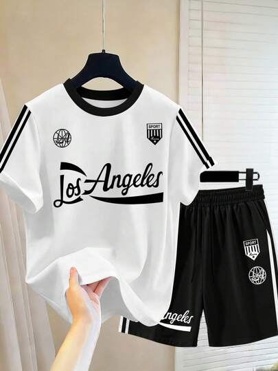 Chillumni Set de 2 piezas de camiseta de manga corta con estampado de letras de Los Ángeles y pantalones cortos para hombre, conjunto de camiseta y pantalones cortos deportivos de estilo universitario clásico en negro y blanco