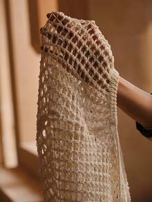 Swim Chiccia 女士纯色镂空透明极简钩针贝壳亮片流苏下摆吊带连衣裙，圆领系带无袖针织沙滩罩衫连衣裙，可爱街头修身迷你连衣裙，伊比沙岛波西米亚风假日派对复古装扮，女士复古风格，乡村音乐节装扮，夏季性感度假沙滩泳装罩衫 - 杏色 - 查看 8