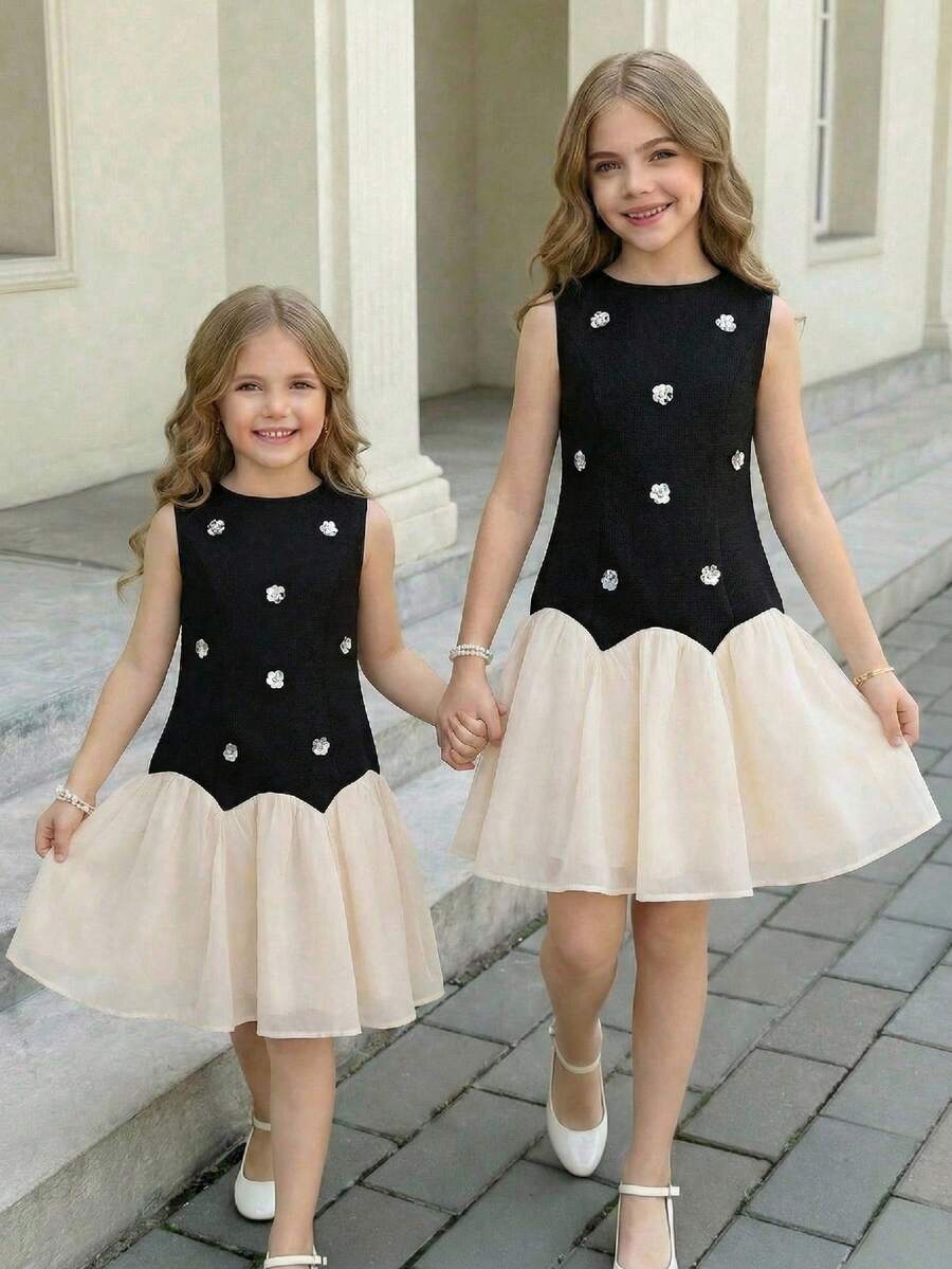SHEIN Tween Girl Off Shoulder Handmade Rhinestone 3D Flower Elegant Puff Short Dress Tween Girl Pearl Dress Black And White Dress For Tween - Black and White - View 1