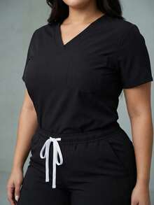 Set Surgical Uniform Set 2 Pieces Lady Woman Sleeve Short Neck V Pants Jogger Spring Comfy Drawstring - Black - View 4