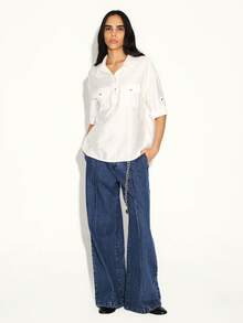 KSTM White Button Up Blouse With Chest Pockets And Roll Up Sleeves For Casual Office Wear And Weekend Styling - White - View 3