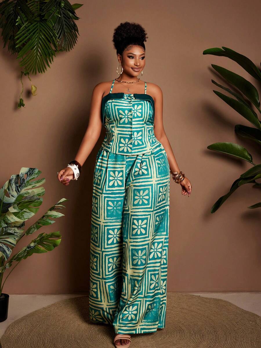 Maweii Set de 2 piese casual pentru femei, mărime plus, cu imprimeu floral, top camisol și pantaloni largi - Multicolor - Vizualizare 1