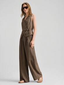 Ontre 女士卡其色系带背心上衣，无袖衬衫和裤子套装，优雅正式的婚礼宾客着装，简约浪漫的法式风格，奢华都市时尚商务休闲办公装，高品质机场及邮轮旅行服，中东必备单品，四季皆宜的百搭套装 - 咖啡棕 - 查看 5