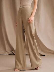 Anewsta 新款时尚休闲通勤多功能口袋喇叭裤脚优雅女士西装裤 - 卡其色 - 查看 4