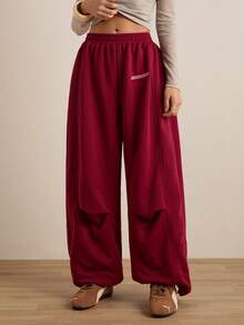 Easelle 酒红色字母刺绣弹力腰休闲宽松女裤 - 酒紅色 - 查看 6