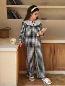 Dazy Kids 少女拼接荷叶边格子长袖上衣和裤子睡衣套装 - 黑與白 - 查看 4