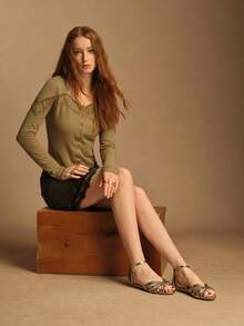 Rosivie 夏季新款女士棕色绒面编织绑带凉鞋，绑带包覆式露趾高跟罗马鞋，时尚通勤宴会鞋 - 槍色 - 查看 6