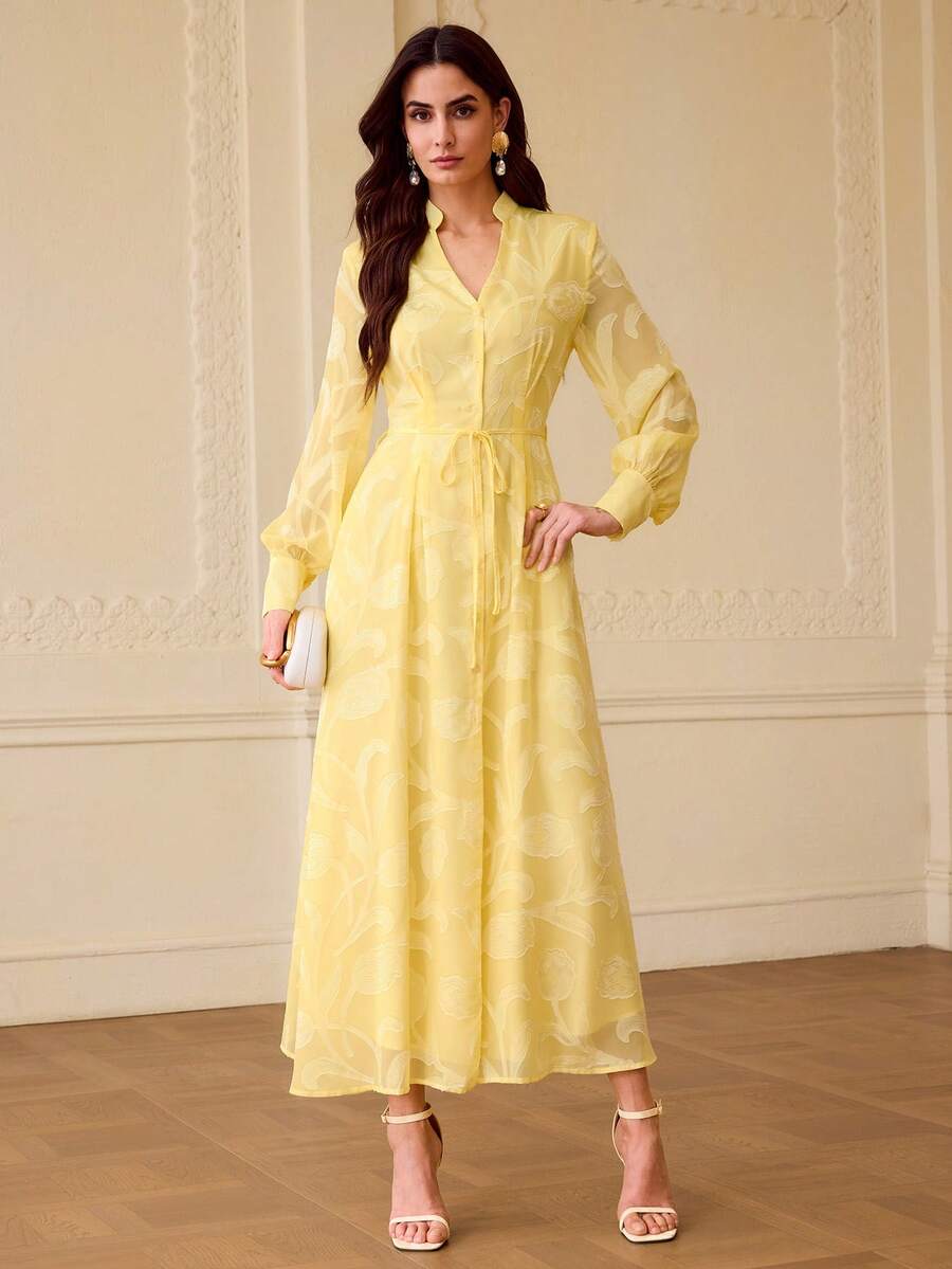 ZEYLAH Women's Elegant Commuter Solid Color Cutout Front Button Long Dress