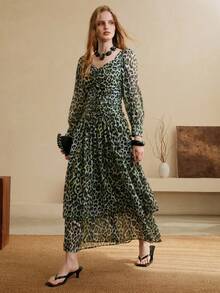 Aveloria Modichic 女士优雅约会连衣裙，采用褶皱腰身、泡泡袖和A字裙摆设计 - 綠色 - 查看 5