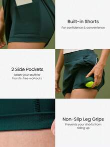 GLOWMODE FeatherFit™-Air Ace Your Flow Buttery-Soft Quick-Dry Sweat-Wicking Contrast Piping Built-In Shorts Anti-Slip Grips Tennis Embroidery A-Line Mini Skirt Tennis Golf Pickleball Daily Casual Wear - Green - View 3