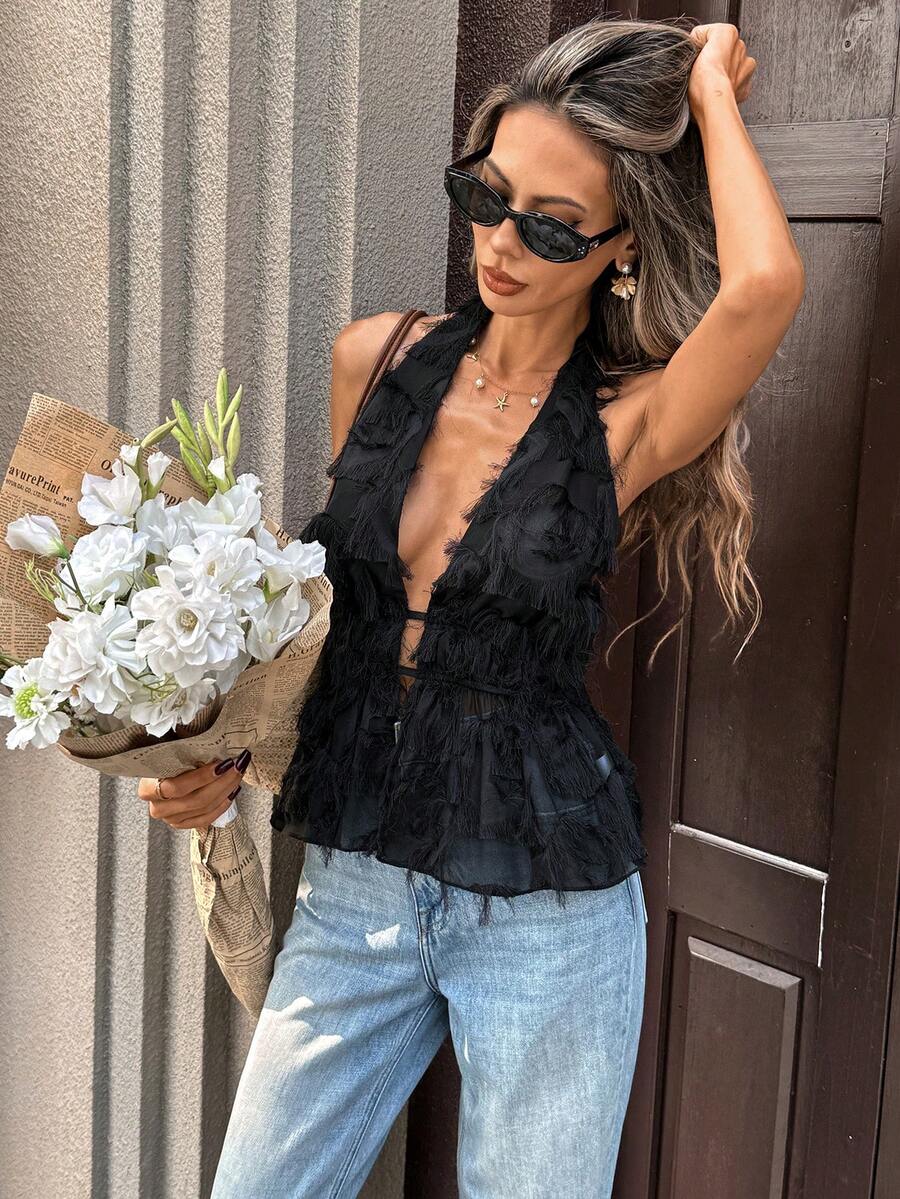 SHEIN PariChic Black Chic Halter Top – Sheer Chiffon Ruffled Cinched Waist Open-Back Tie Sleeveless Evening Party Top Womens Tops For Summer Boho Outfit For Women Top To Wear With Jeans Trending Tops For Women Woman Summer Outfits - Black - View 1