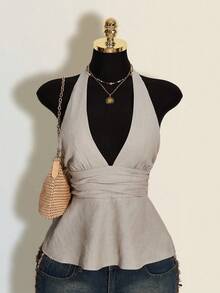 SHEIN ICON Halloween Women's Halter Backless Black Babydoll Tank Top - Grey - View 5