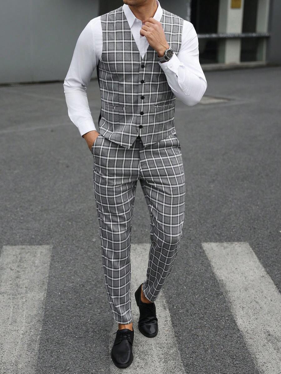 Manfinity Mode Men's Business Commute Plaid Suit Vest And Pants Set - Grey - View 1