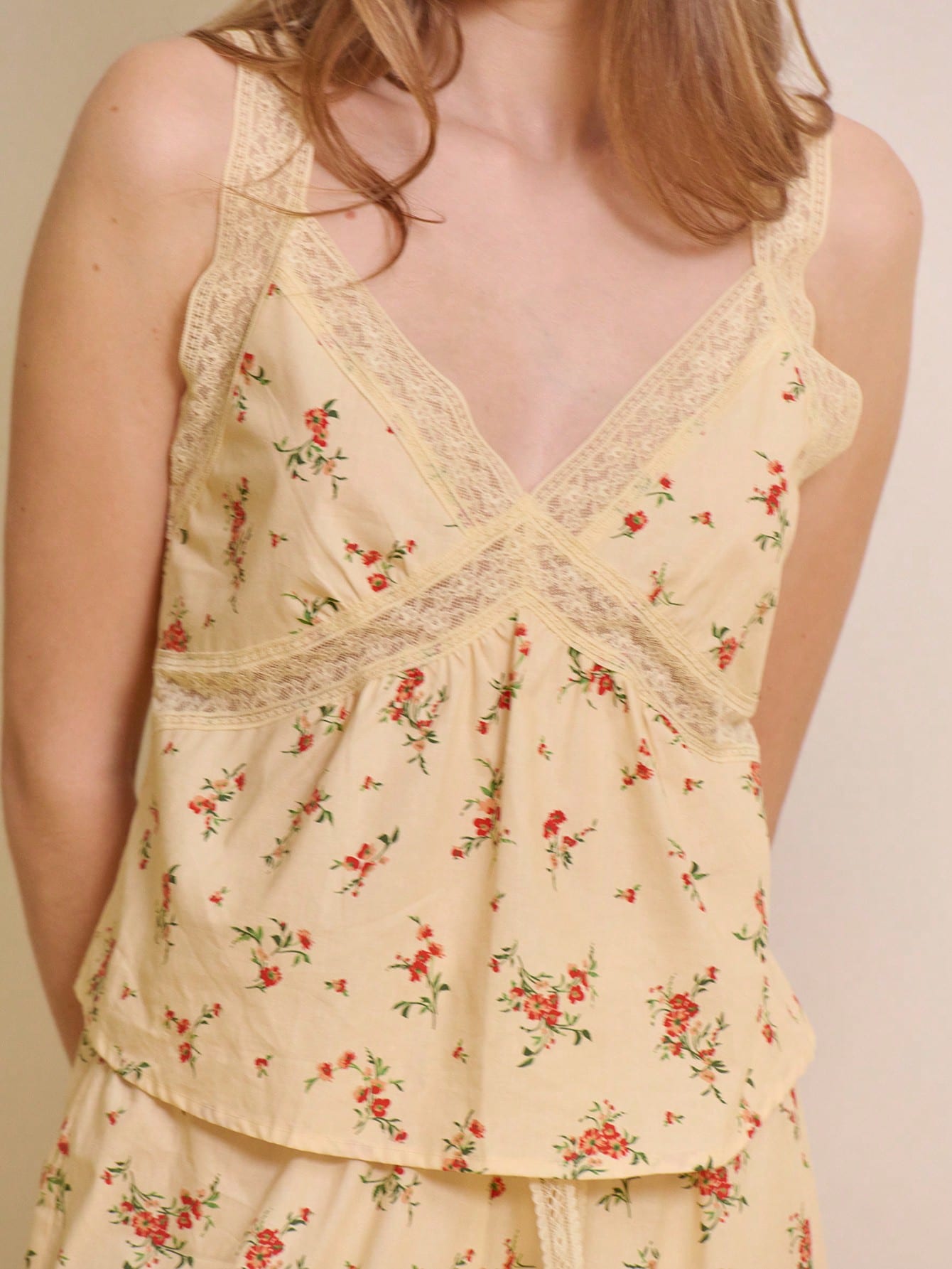 Butter Yellow Floral Print Lace Trim Cami And Trouser Cotton Pyjama Set Cosy Cute Vintage Sleepwear Set Spring Summer Cotton Sleepwear