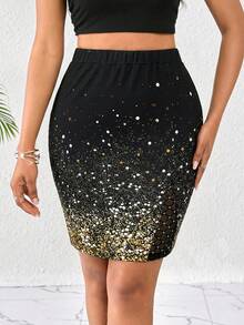SHEIN Lady Women's Elastic Waist Mesh Rhinestone Embellished Casual Versatile Date Night Mini Skirt - Black - View 4