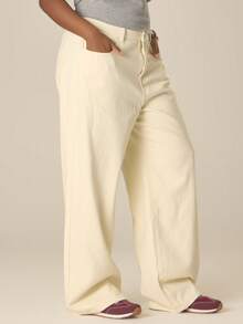 MUSERA Quần jeans ống đứng cỡ lớn, phong cách mùa xuân hè, dễ thương, ấm áp, mang hơi thở mùa xuân. - Màu be - Xem 3