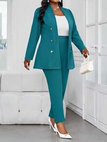 SHEIN Lady Bộ đồ công sở cỡ lớn mùa thu đông thanh lịch màu xanh công tước, cổ đứng, cúc vàng, tay dài, phối hợp màu sắc trang trọng, bộ vest nữ công sở hai mảnh, trang phục công sở nữ, bộ đồ công sở sang trọng cho nữ, bộ đồ công sở thường ngày hai mảnh cho nữ, trang phục công sở thường ngày cho nữ. - Màu xanh ngọc - Xem 6