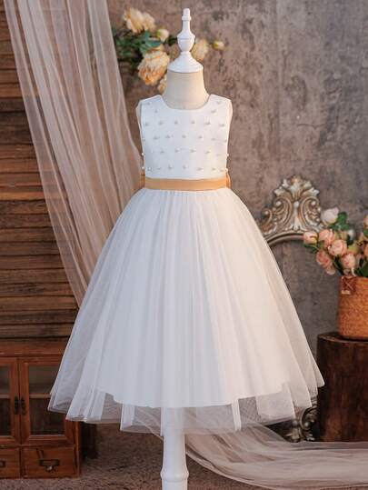 SHEIN Glamorique Kids Pearl Contrast Color Mesh A-Line Young Girls Party Dress