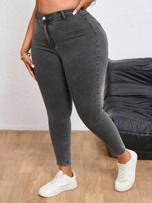 SHEIN ICON 大码女式高腰修身休闲百搭牛仔裤 - 淺灰色 - 查看 4