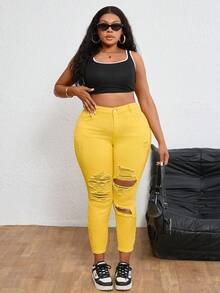 SHEIN ICON Plus Size Women High Waist Pockets Distressed Skinny Casual Versatile Denim Jeans - Yellow - View 6