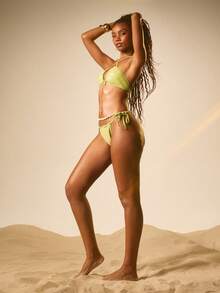 MISSGUIDED Women Summer Halter Neck Bikini Set With Cross Back Straps Triangle Top And Tie Side Bottoms Swimwear Beach Vacation Two Piece - Green - View 5