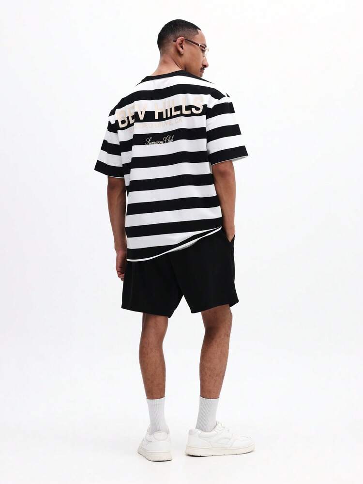 Men Striped T-Shirt And Shorts Co-Ord Set Casual Summer Two Piece Outfit Horizontal Stripes Crew Neck Short Sleeve Regular Fit Black White