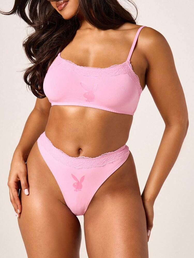 Missguided x Playboy Lace Trim Scoop Neck Bralette With Thong Panty Lingerie Set Intimate Everyday Pink