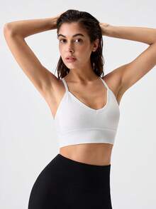Loungeista 1-Piece Women's Seamless Knit Ribbed Sexy Bra, Wireless Cross Strap Backless Sports Brafor Summerfor Summer - White - View 6