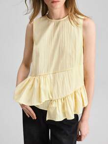 Ontre 女士荷叶边下摆撞色衬衫，优雅别致的法式奢华面料，适合商务、休闲、通勤、高端机场、邮轮、中东活动、四季皆宜、婚礼宾客等场合。 - 黃色 - 查看 1