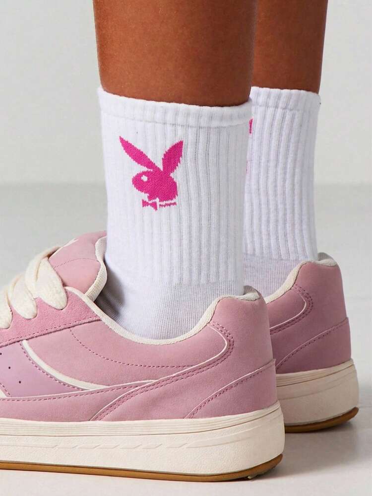 Missguided x Playboy Women's Ribbed Crew Socks With Pink Bunny Logo Print White Casual Comfort Socks