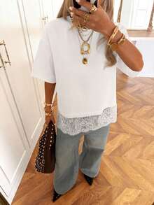 SHEIN EZwear Áo thun nữ tay ngắn cổ tròn màu trơn, kiểu dáng thường ngày, đa năng. - trắng - Xem 3