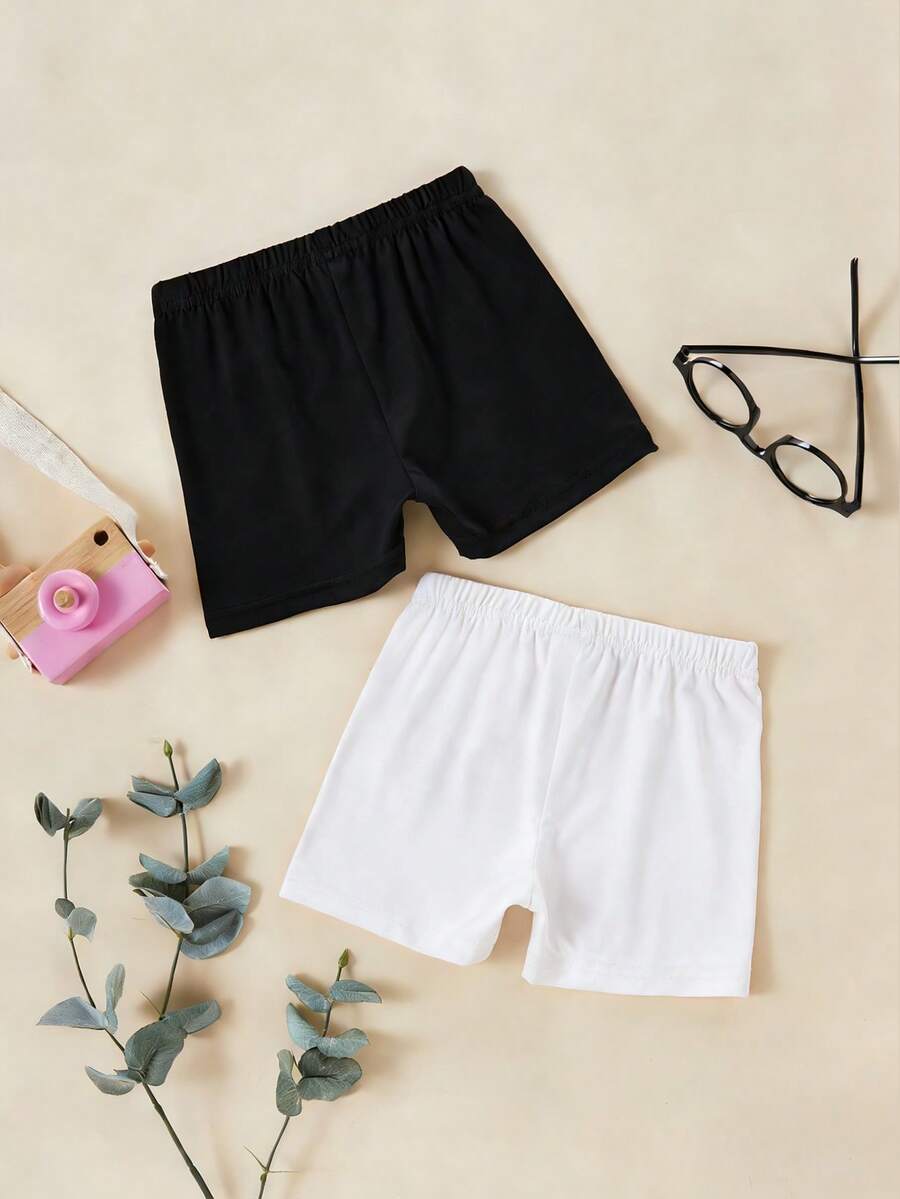 SHEIN Vintaside Kids 2件套少女可爱舒适多色打底裤,适合春夏休闲、运动和休闲穿着,简约舒适白色短裤套装 - 黑與白 - 查看 1