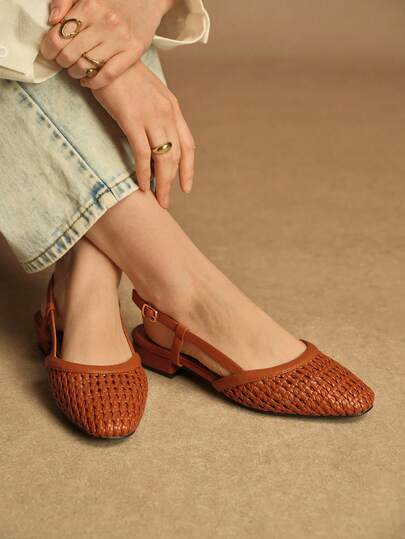 Rosivie Ladies Spring And Summer Brown Woven Belt Loop Buckle Home Leisure Vacation Flat Shoes