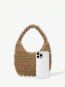 Viva Strut 女士手提包，草编包，珍珠装饰，时尚优雅，简约个性，百搭实用，适合海滩、度假、夏季、海边、沙滩派对等场合 - 卡其色 - 查看 5