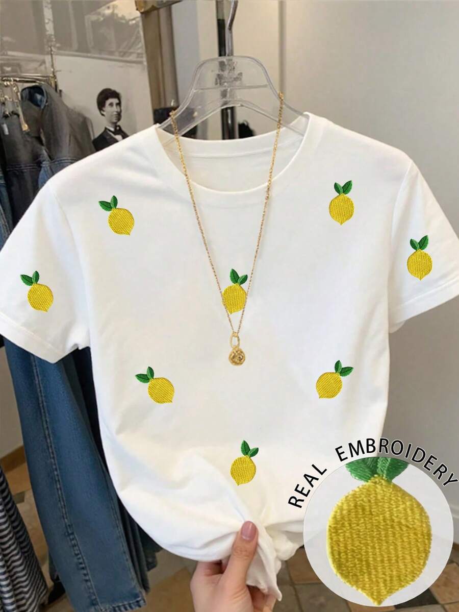 Resyla Camiseta de manga corta con cuello redondo y bordado de limón para tallas grandes - Blanco - Ver 1