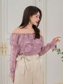 DAZY Women's Elegant Floral Off-Shoulder Ruffle Hem Blouse, Spring/Summer - Purple - View 4